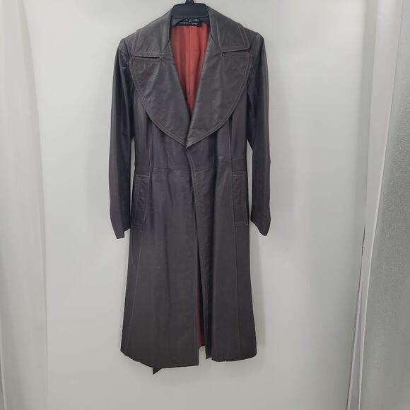 Genuine Leather Uruguay Coat Jacket Long Belted Size 9/10 Lined Wide Lapel